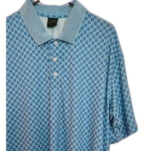 Dunning Golf Men's Large Polo Aqua Blue Floral AOP Short Sleeve Stretch Logo EUC